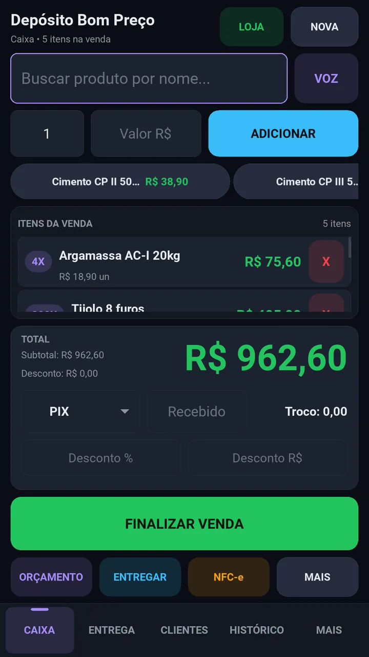 Tela de venda do VendaPro: cinco itens de material de construção, total de R$ 962,60 no PIX e o botão Finalizar venda.
