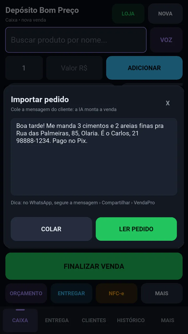 Tela Importar pedido do VendaPro com a mensagem do cliente colada e o botão Ler pedido.