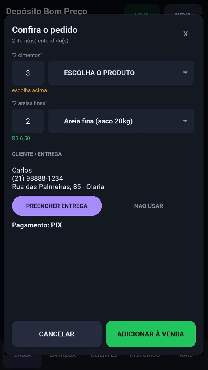 Tela Confira o pedido: 2 areias finas reconhecidas, pedido de escolha para o cimento, dados de entrega do Carlos e pagamento PIX.