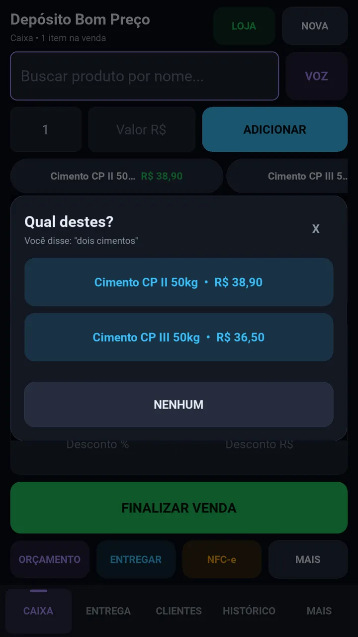 Depois do comando de voz, o VendaPro pergunta qual cimento: CP II 50 kg por R$ 38,90 ou CP III 50 kg por R$ 36,50.