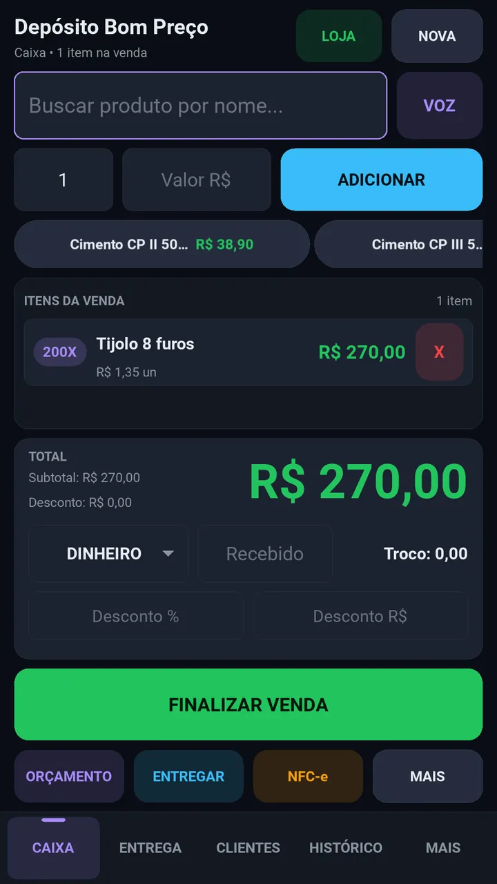 Venda montada por voz: 200 tijolos de 8 furos, pagamento em dinheiro.
