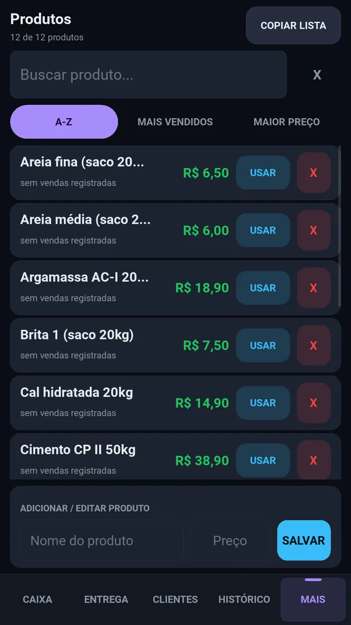 Lista de produtos com preços e botão Usar.