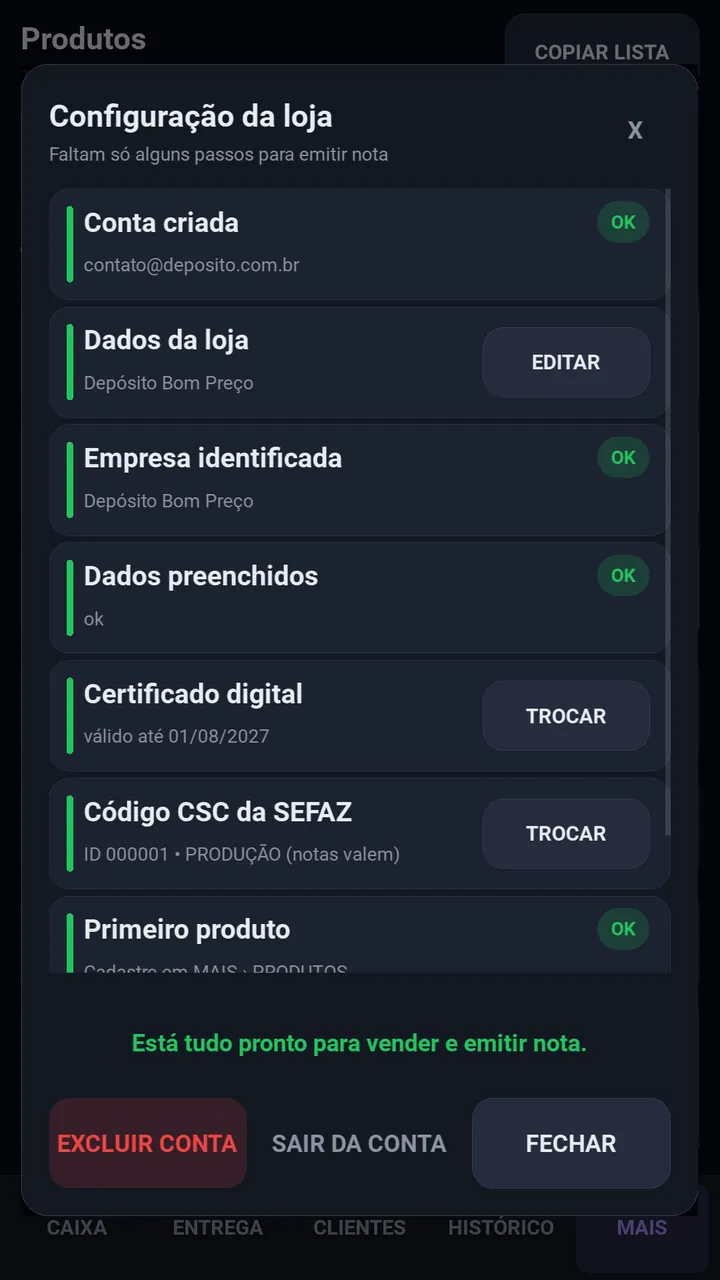 Configuração da loja com os passos fiscais concluídos: empresa identificada, certificado digital válido e código CSC.