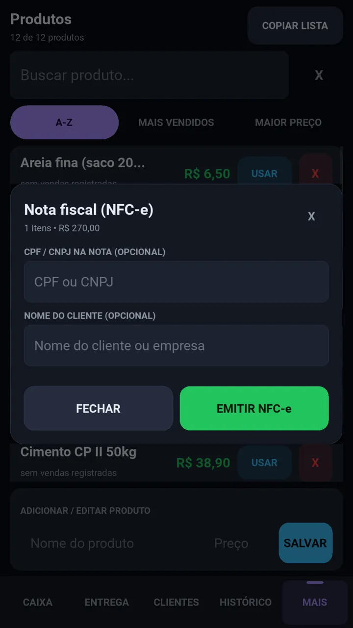 Tela Nota fiscal (NFC-e) com CPF ou CNPJ opcional e o botão Emitir NFC-e.