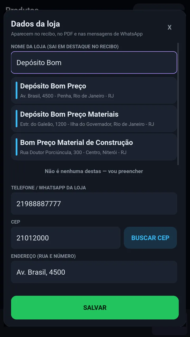 Cadastro da loja: ao digitar o nome aparecem lojas do Google com endereço.