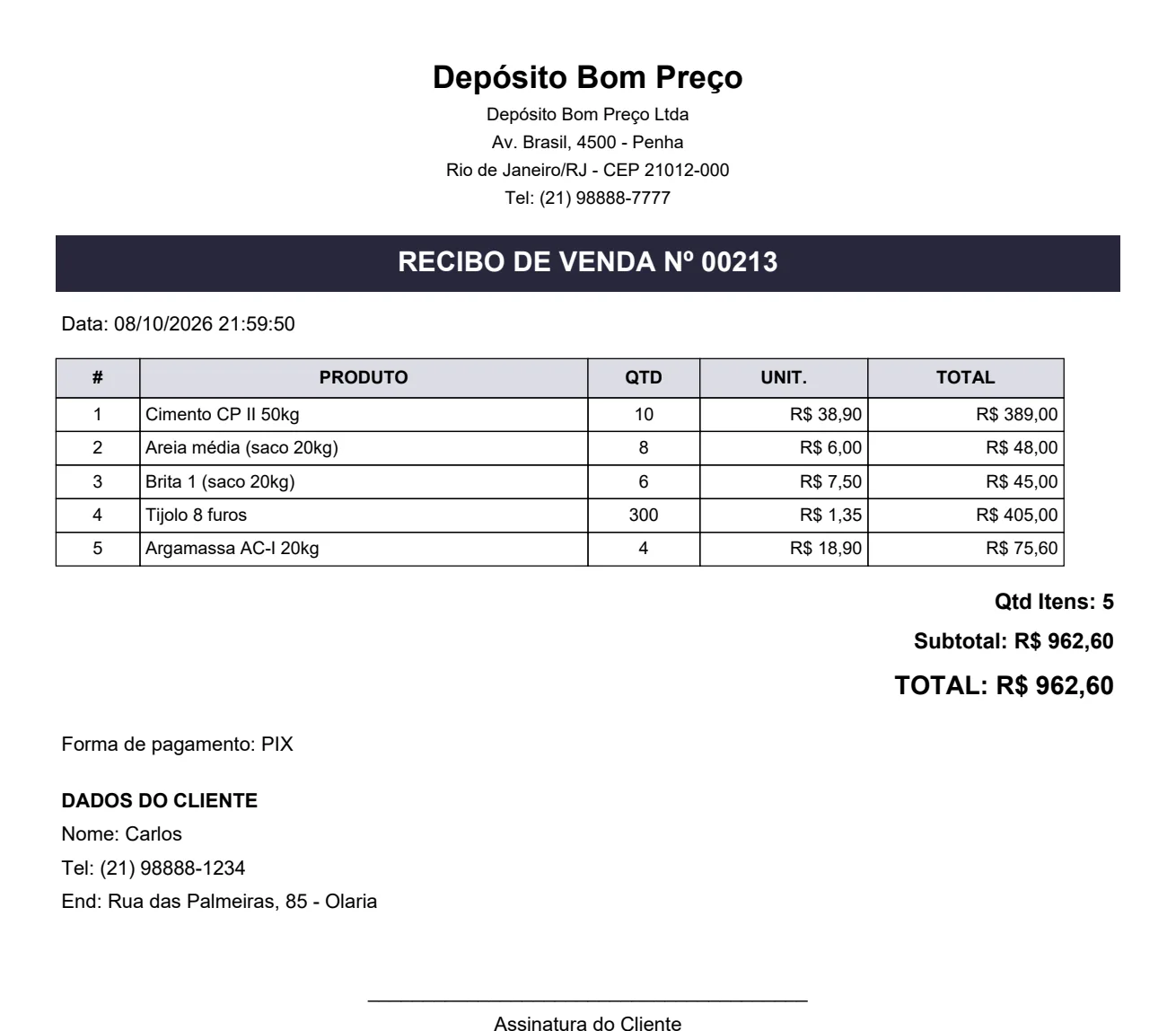 Recibo em PDF gerado pelo VendaPro para a loja Depósito Bom Preço, com a tabela de produtos e o total de R$ 962,60.